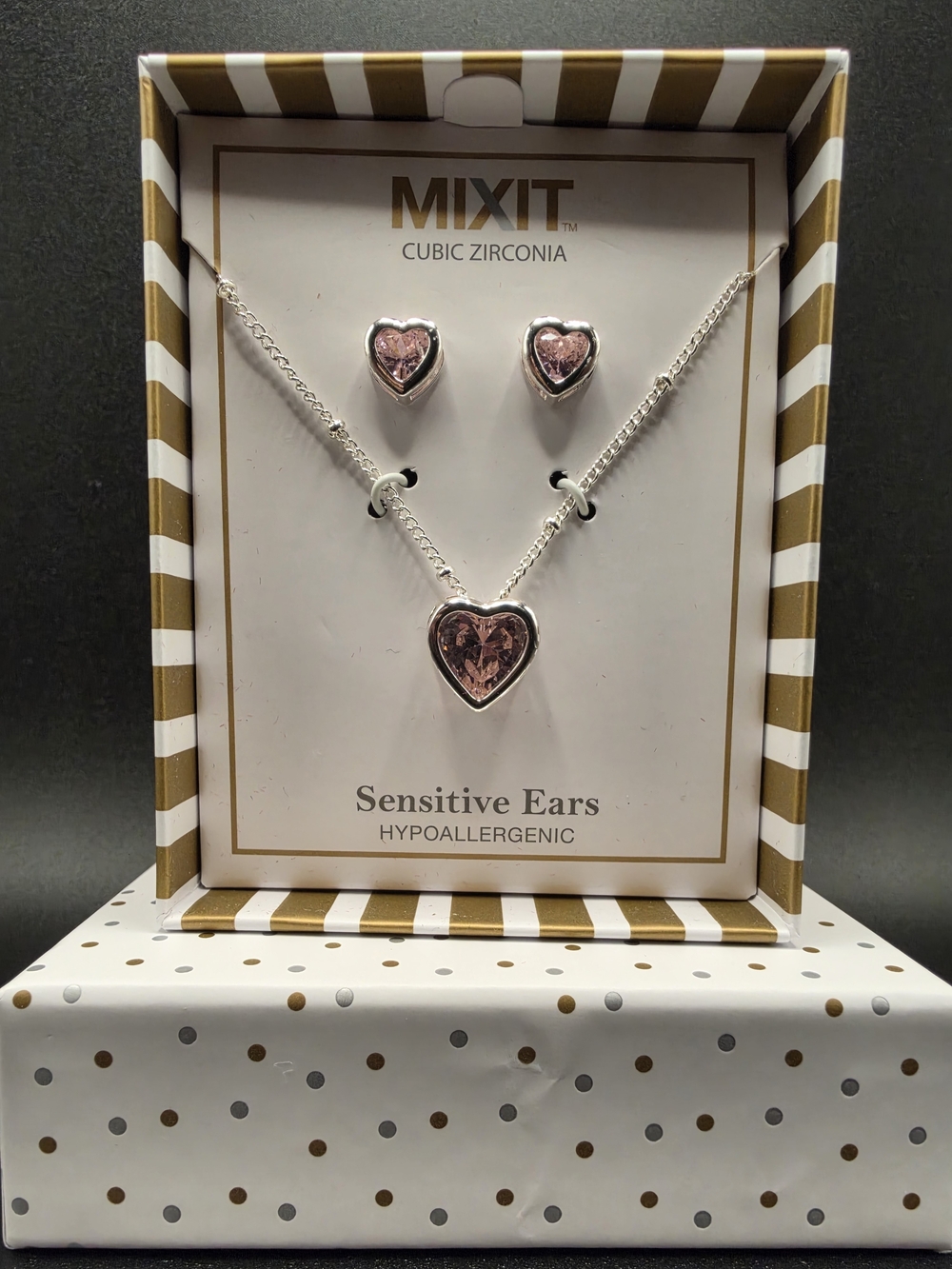 Mixit Pink Heart Cubic Zirconia Necklace & Earring Set
